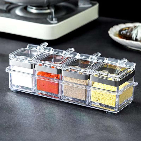 Image of Enhance Your Cooking with the Kitchen Spice Pot: 4 Transparent Seasoning Boxes with Lids and Spoons