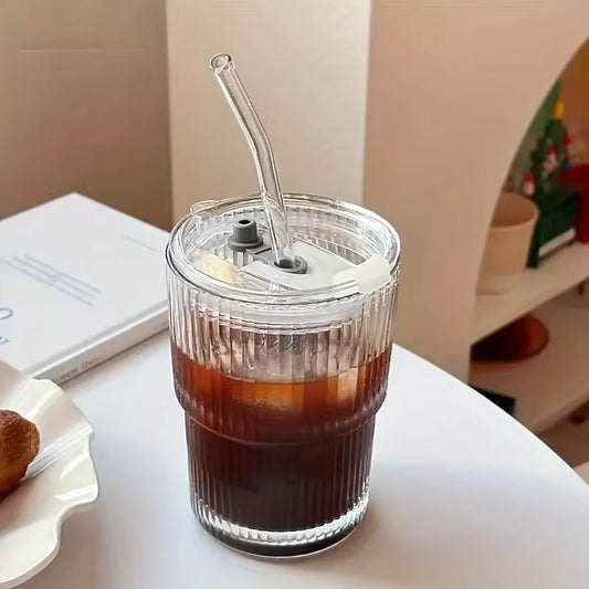 Image of 450ml Stripe Glass Cup with Lid & Straw: Stylish and Eco-Friendly Drinkware