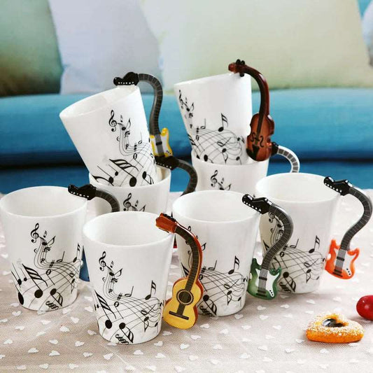 Image of 240ml Creative Music Ceramic Mug: Unique Guitar & Violin Handle Coffee & Tea Cup