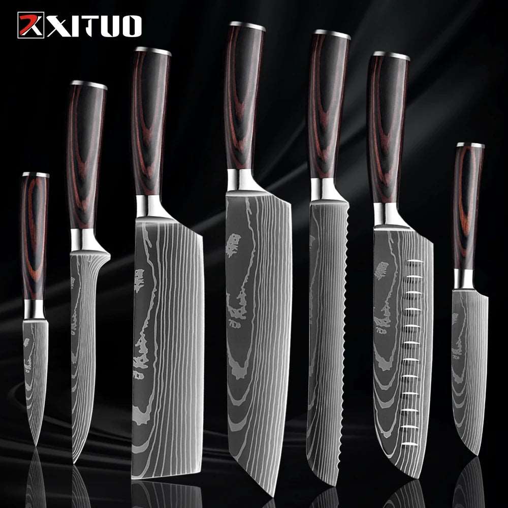 XITUO Kitchen Knife Set (1-9 Pcs) - 7Cr17Mov Stainless Steel Chef, Santoku, and Fruit Knives with Ergonomic Pakkawood Handles