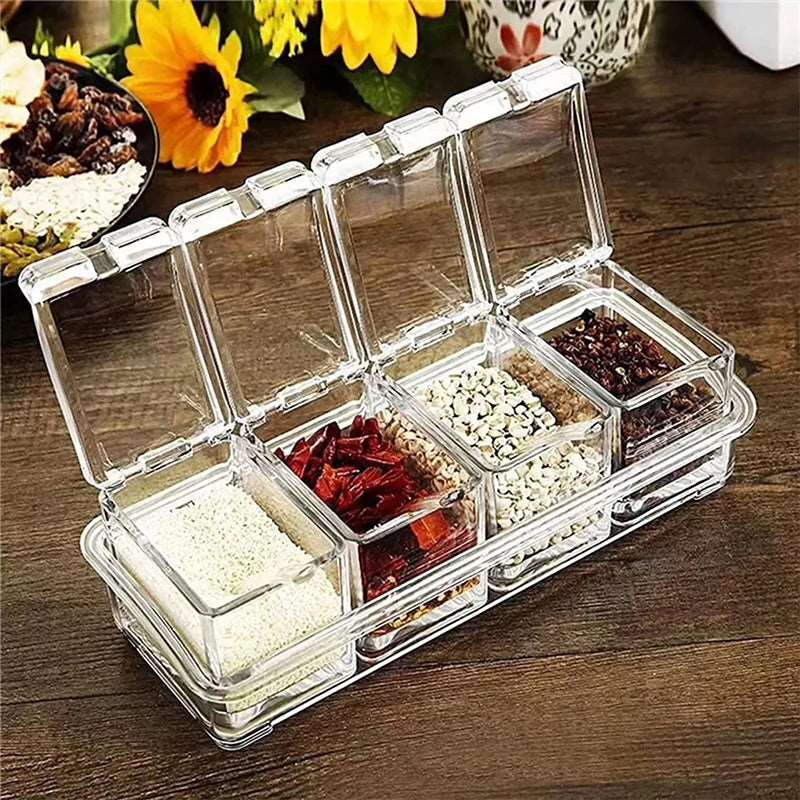 Kitchen Spice Pot – 4 Transparent Seasoning Boxes with Lids and Spoons