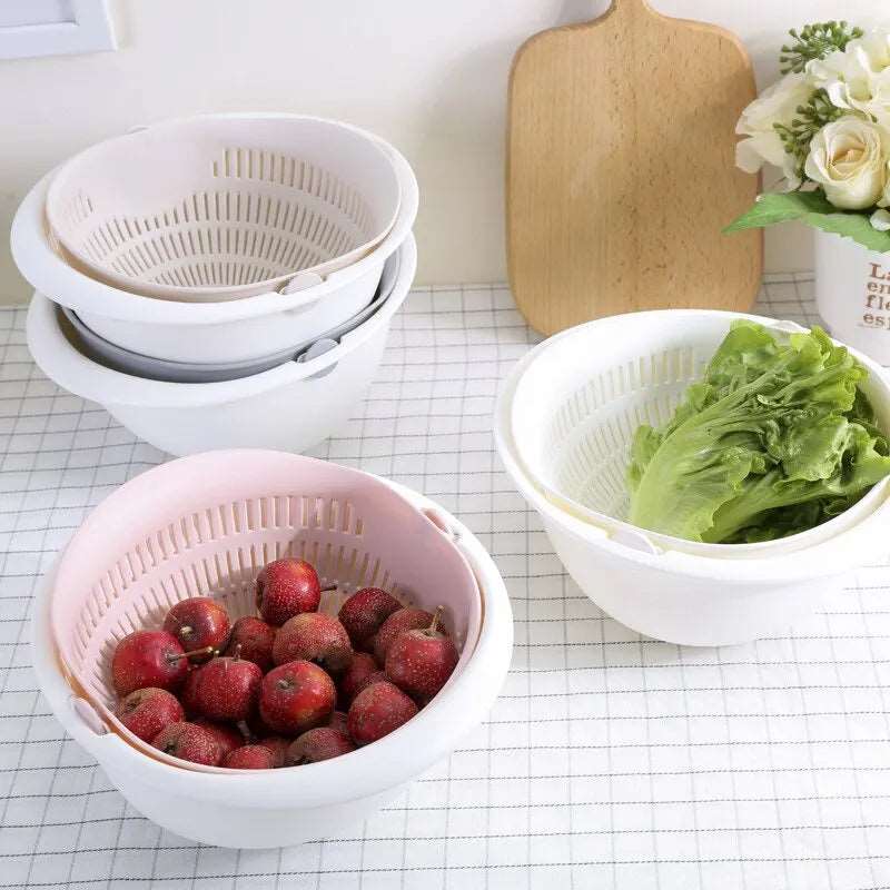 Removable Double-Layer Fruit and Vegetable Draining Basket – Rotating Kitchen Tray