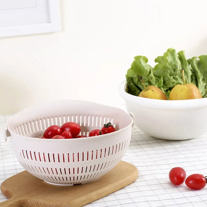 Removable Double-Layer Fruit and Vegetable Draining Basket – Rotating Kitchen Tray