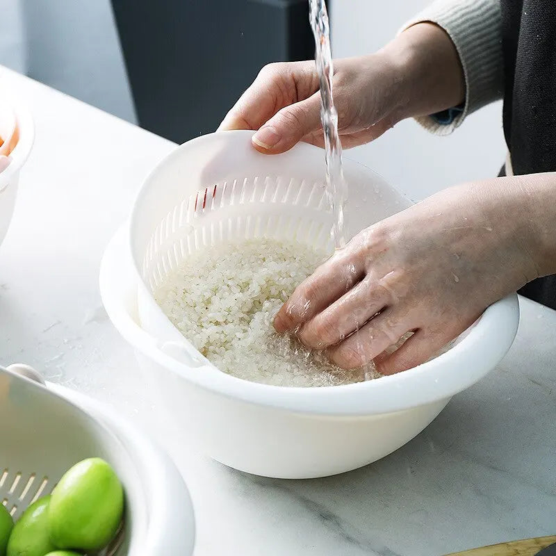 Removable Double-Layer Fruit and Vegetable Draining Basket – Rotating Kitchen Tray