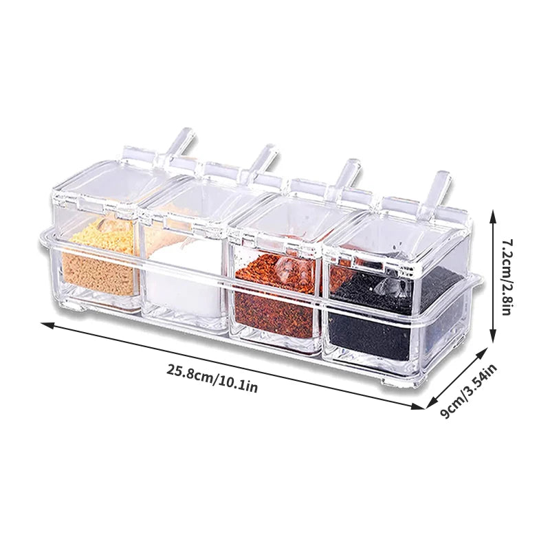 Kitchen Spice Pot – 4 Transparent Seasoning Boxes with Lids and Spoons