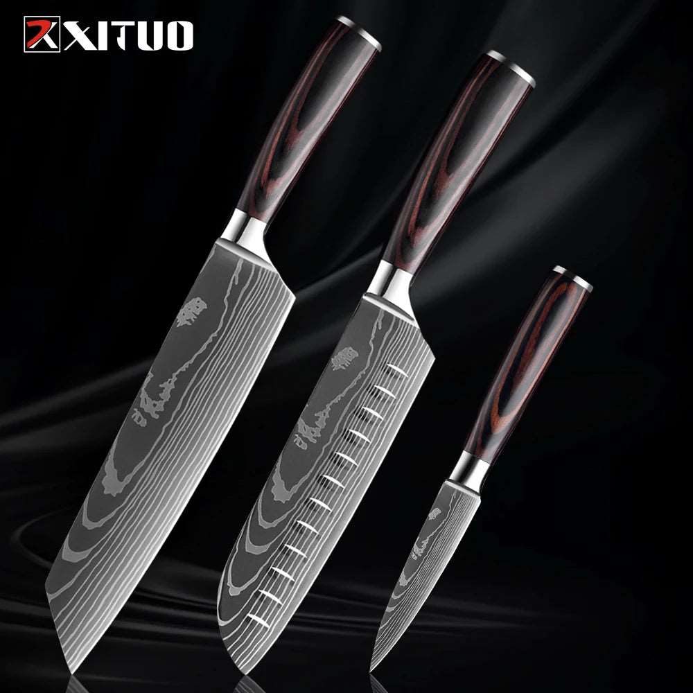 XITUO Kitchen Knife Set (1-9 Pcs) - 7Cr17Mov Stainless Steel Chef, Santoku, and Fruit Knives with Ergonomic Pakkawood Handles