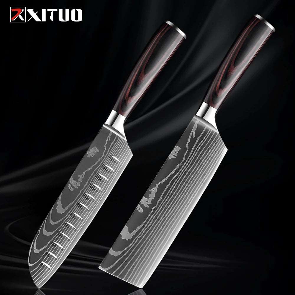 XITUO Kitchen Knife Set (1-9 Pcs) - 7Cr17Mov Stainless Steel Chef, Santoku, and Fruit Knives with Ergonomic Pakkawood Handles