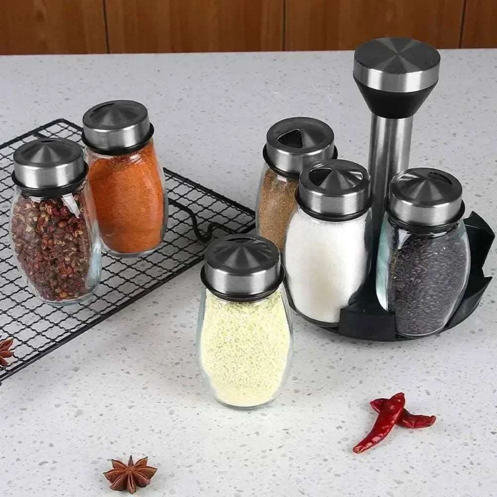 Rotating Condiment Seasoning Jars Set – 1 or 7-Piece Kitchen Organizer!