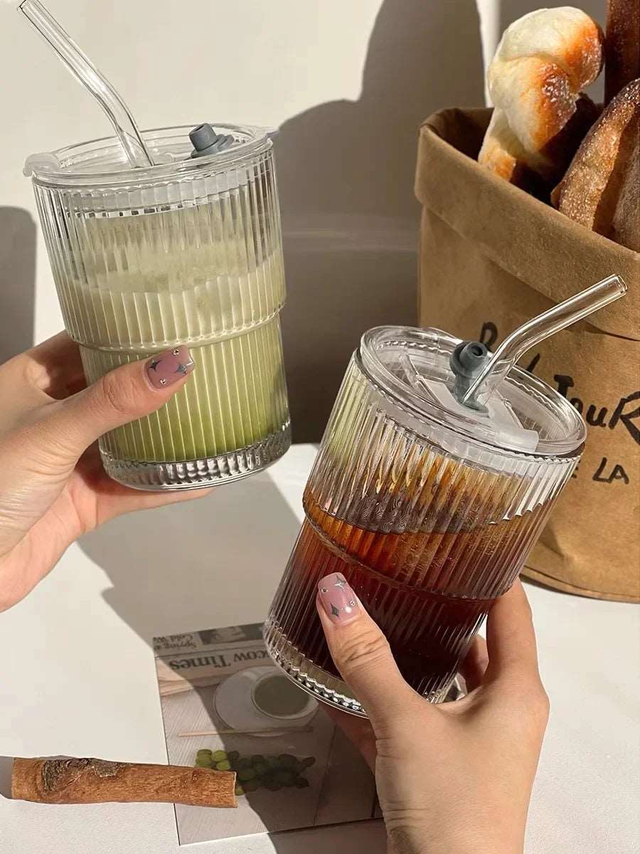 450ml Stripe Glass Cup with Lid and Straw