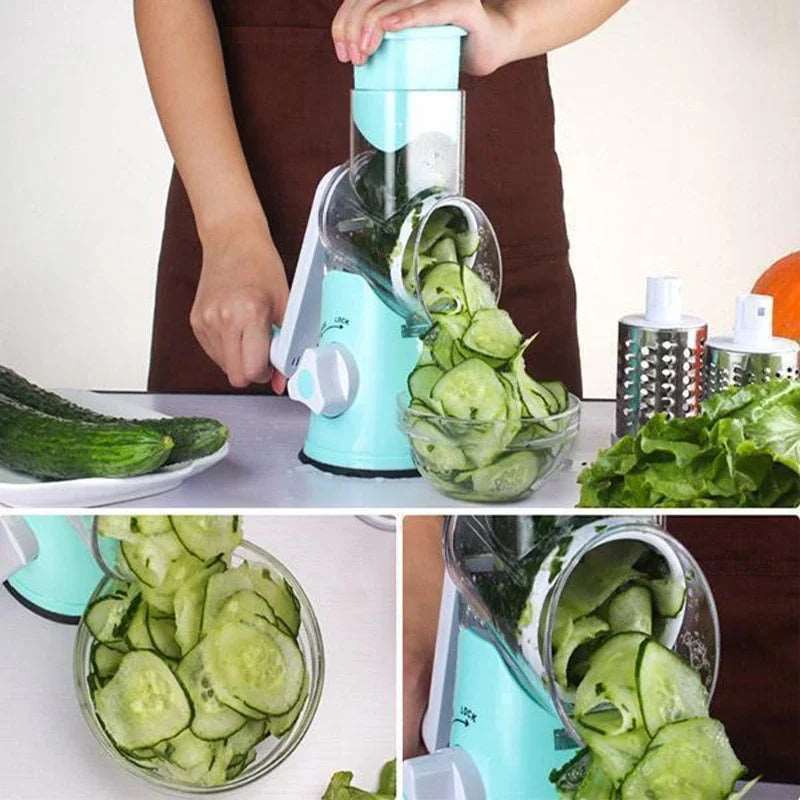 3-in-1 Manual Vegetable and Fruit Slicer - Round Cutter, Potato Grater, and Spiralizer