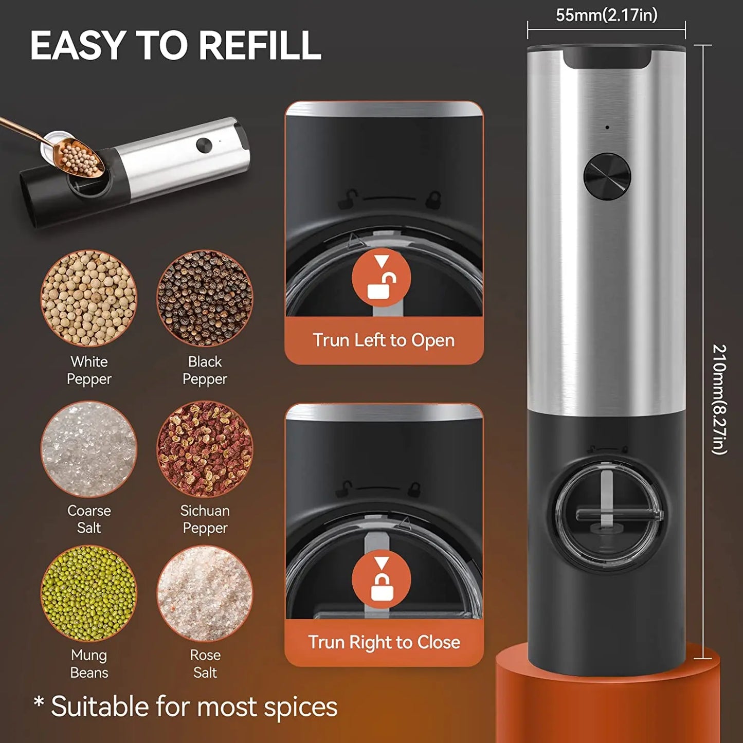 USB Rechargeable Electric Salt & Pepper Grinder - My Dream Kitchen