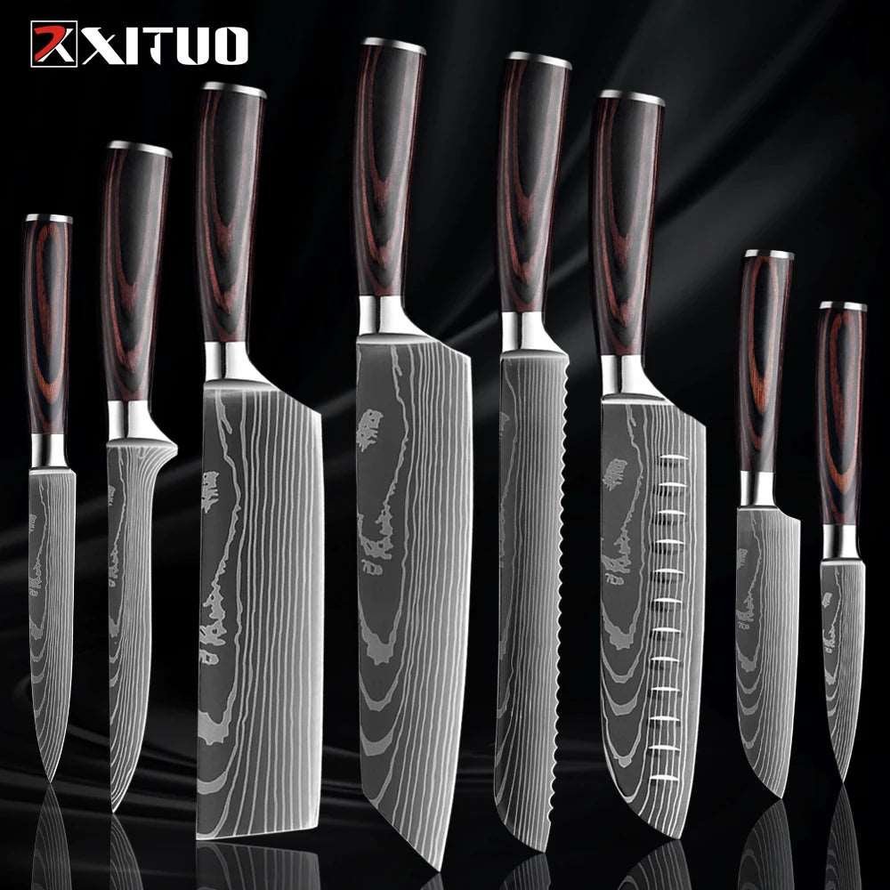 XITUO Kitchen Knife Set (1-9 Pcs) - 7Cr17Mov Stainless Steel Chef, Santoku, and Fruit Knives with Ergonomic Pakkawood Handles