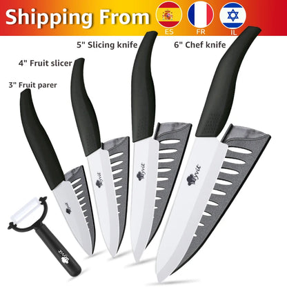 Ceramic Kitchen Knives Set with Holder – 3", 4", 5", 6" Chef Knives + Peeler