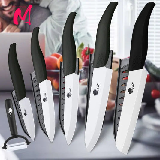 Ceramic Kitchen Knives Set with Holder – 3", 4", 5", 6" Chef Knives + Peeler