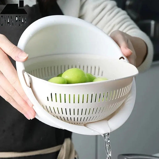 Removable Double-Layer Fruit and Vegetable Draining Basket – Rotating Kitchen Tray