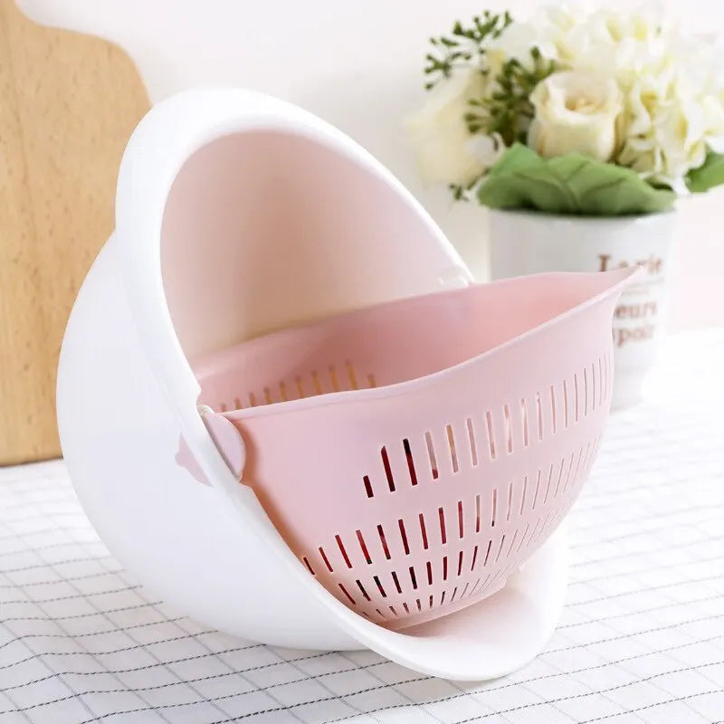 Removable Double-Layer Fruit and Vegetable Draining Basket – Rotating Kitchen Tray