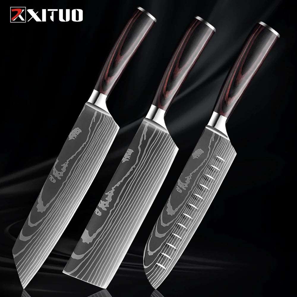 XITUO Kitchen Knife Set (1-9 Pcs) - 7Cr17Mov Stainless Steel Chef, Santoku, and Fruit Knives with Ergonomic Pakkawood Handles