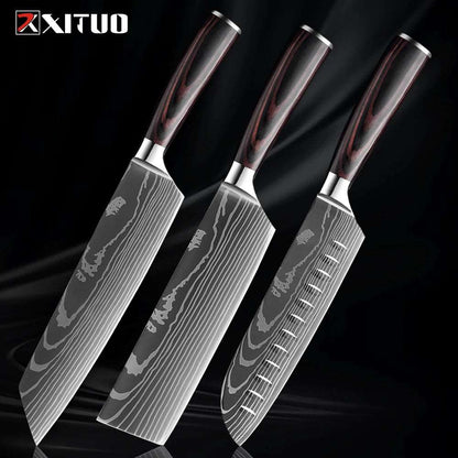 XITUO Kitchen Knife Set (1-9 Pcs) - 7Cr17Mov Stainless Steel Chef, Santoku, and Fruit Knives with Ergonomic Pakkawood Handles