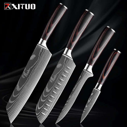 XITUO Kitchen Knife Set (1-9 Pcs) - 7Cr17Mov Stainless Steel Chef, Santoku, and Fruit Knives with Ergonomic Pakkawood Handles