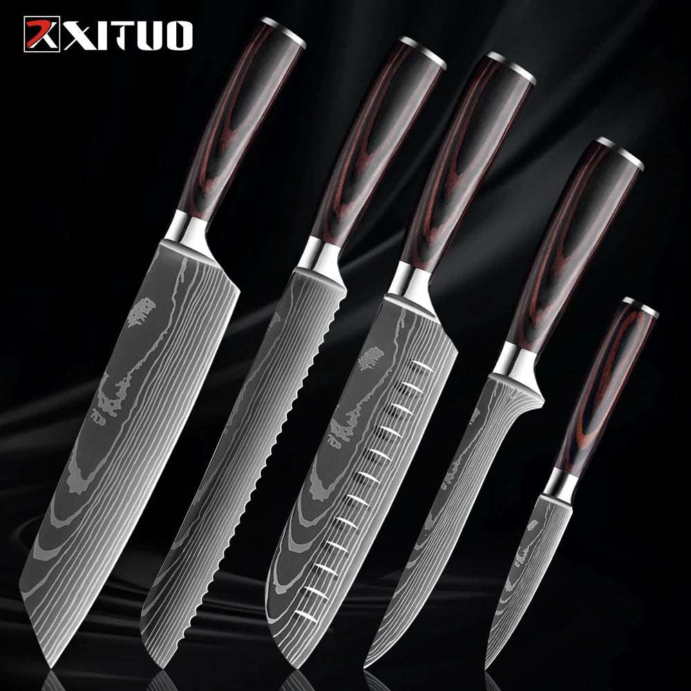 XITUO Kitchen Knife Set (1-9 Pcs) - 7Cr17Mov Stainless Steel Chef, Santoku, and Fruit Knives with Ergonomic Pakkawood Handles