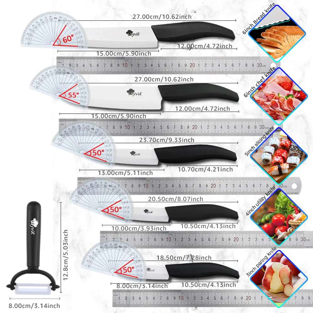 Ceramic Kitchen Knives Set with Holder – 3", 4", 5", 6" Chef Knives + Peeler