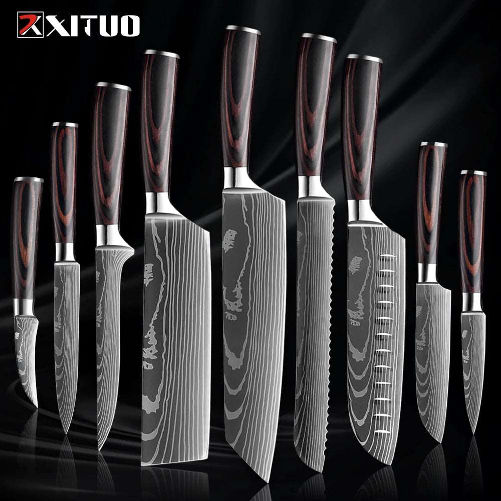 XITUO Kitchen Knife Set (1-9 Pcs) - 7Cr17Mov Stainless Steel Chef, Santoku, and Fruit Knives with Ergonomic Pakkawood Handles