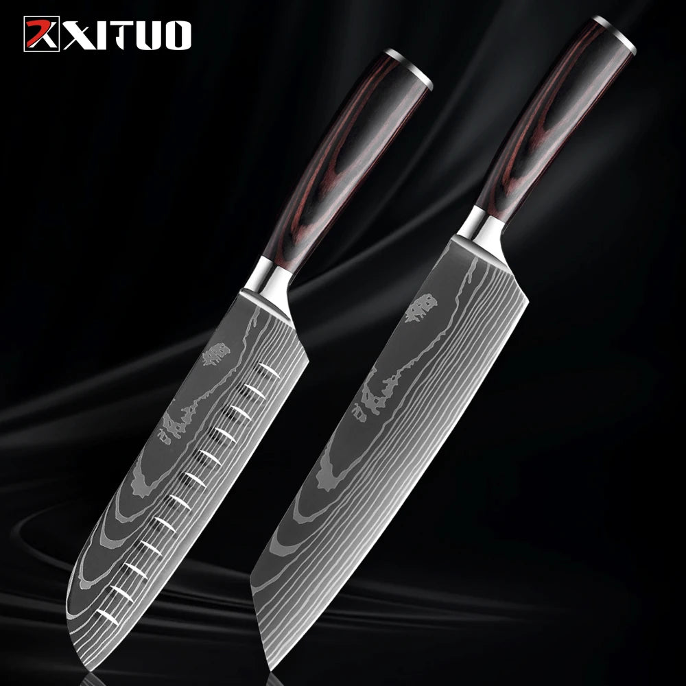 XITUO Kitchen Knife Set (1-9 Pcs) - 7Cr17Mov Stainless Steel Chef, Santoku, and Fruit Knives with Ergonomic Pakkawood Handles