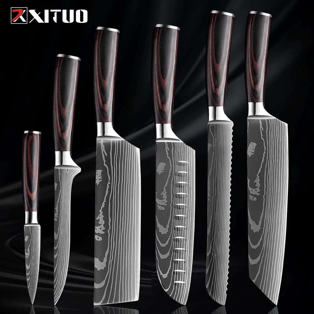 XITUO Kitchen Knife Set (1-9 Pcs) - 7Cr17Mov Stainless Steel Chef, Santoku, and Fruit Knives with Ergonomic Pakkawood Handles