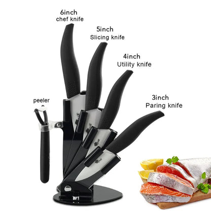 Ceramic Kitchen Knives Set with Holder – 3", 4", 5", 6" Chef Knives + Peeler