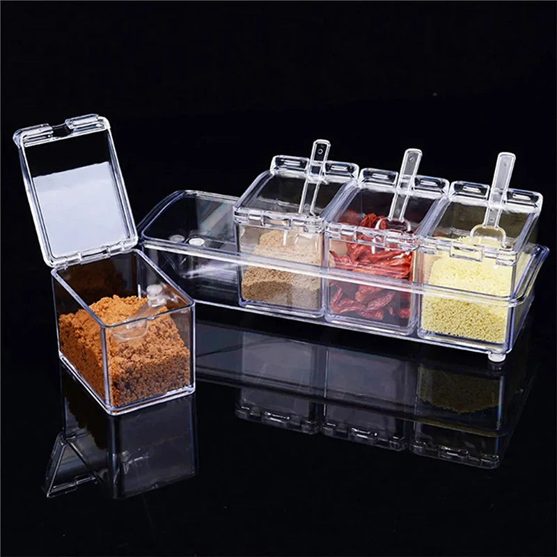 Kitchen Spice Pot – 4 Transparent Seasoning Boxes with Lids and Spoons