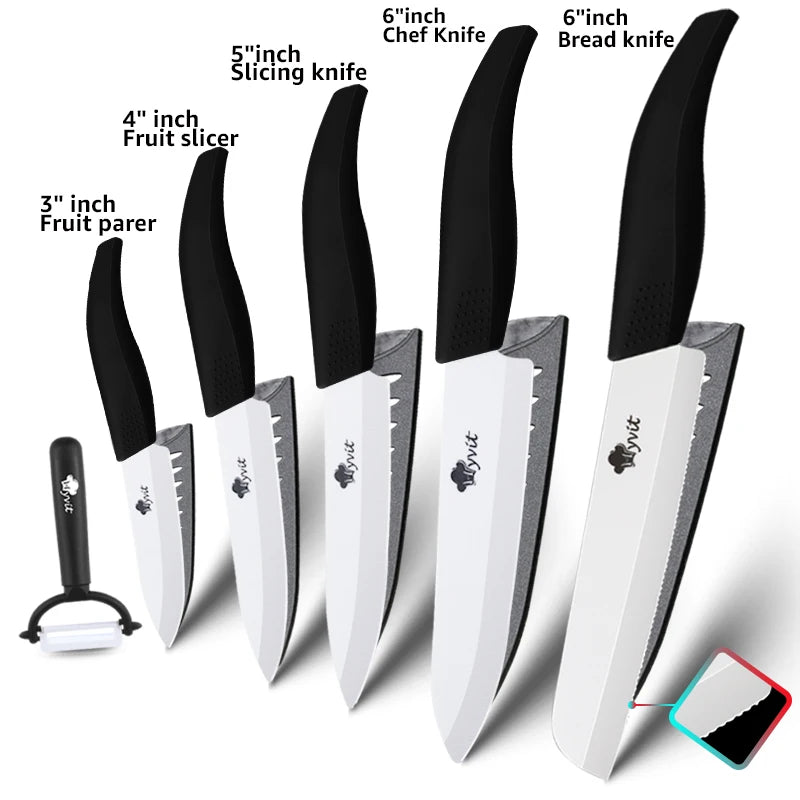 Ceramic Kitchen Knives Set with Holder – 3", 4", 5", 6" Chef Knives + Peeler